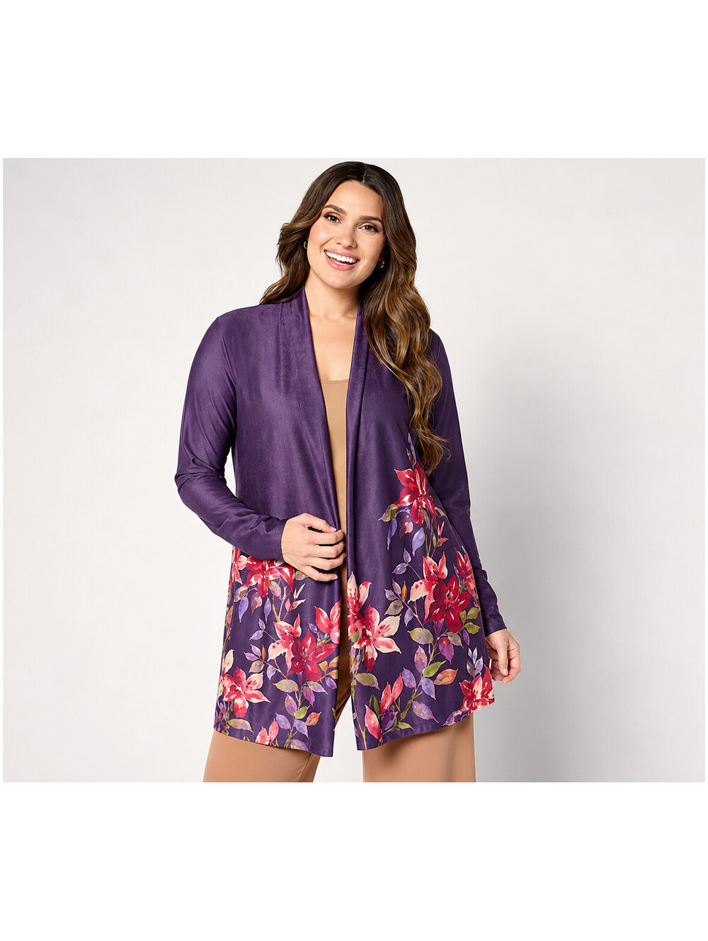 Susan Graver Regular Printed Faux Suede Open Front Duster Plum/Rose, Small